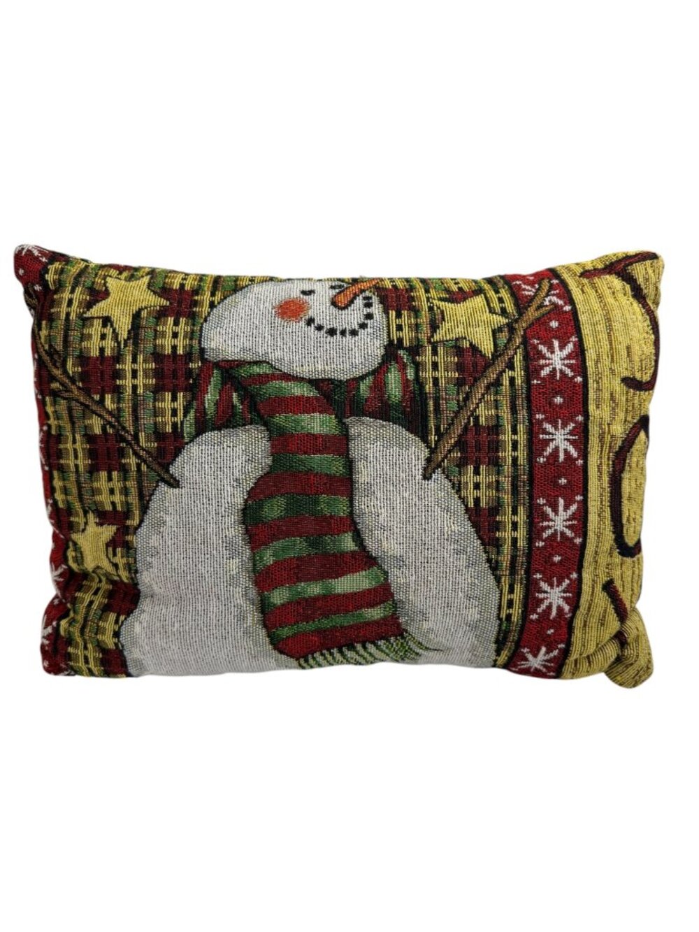 Christmas Tapestry Pillow Snowman Joy Winter Holiday Stars Green Red Gold White